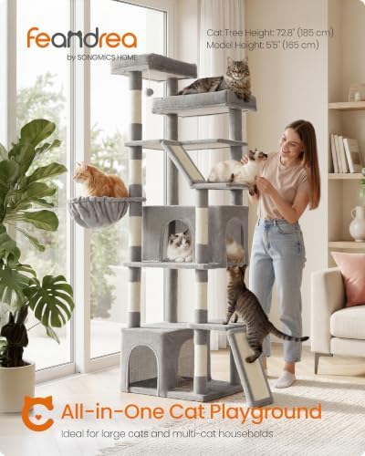 Feandrea 72.6-Inch Tall Cat Tree Tower for Indoor Extra Large Cats, Scratching Posts, Scratching Boards, Multi-Level Design, Dove Gray UPCT014G101S