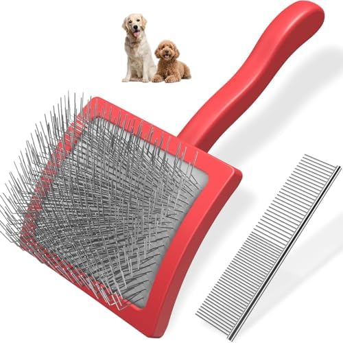 2PCS Slicker Brush for Dogs & Pet Comb,Professional Dog Grooming Brush (Goldendoodles,Poodles,Labradoodles) with Extra Long Pins to Effectively Remove Tangles, Knots and Mats (Red, Large)