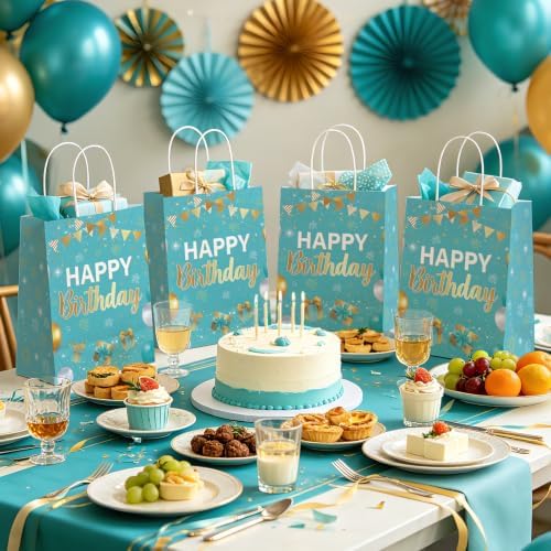 16Pcs Teal and Gold Birthday Party Favor Bags Turquoise Candy Goodie Bag