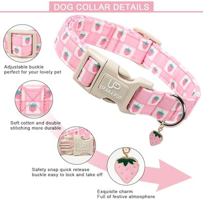 Spring Dog Collar, UP URARA PUP Strawberry Collars in Pink Checkered Adjustable Pet Collar with Quick Release, Daily Dog Accessories for Small Medium Large Dogs