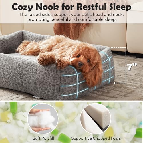 JOEJOY Dog Bed for Small Medium Dogs, Removable Washable Cover Orthopedic Soft Faux Rabbit Fur Pet Bed, Anti-Slip Fluffy Plush Puppy Bed, 25"x21"x7", Leopard Print, Grey