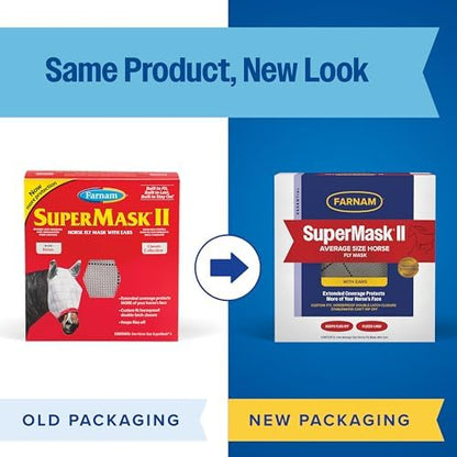 Farnam SuperMask II Horse Fly Mask with Ears, Extended Coverage Equine Fly Protection, Protects Eyes from Insects, Debris & UV, Adjustable Throat Latch, Plush Fleece Trim, Average Size (Pack of 2)