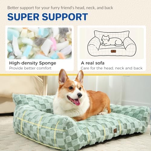 ABCPET Large Dog Bed Sofa, Fluffy Pet Bed for Medium and Large Dogs, Supportive Dog Couch Sofa for Dogs, Pet Sofas with Washable Cover & Non-Slip, 38 inch, Green