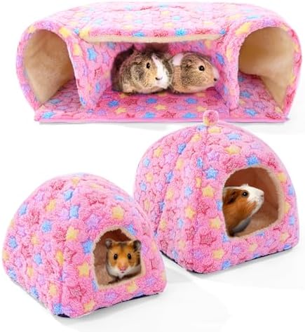 MABOZOO 3 Pack Guinea Pig House Accessories, 2 Cozy Guinea Pig Bed and Hideout Tunnel, Chinchillas Hideout for Hamster, Rabbit, Bunny, Chinchillas (Pink, L)
