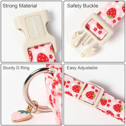 DOGWONG Cotton Handmade Daisy Flower Dog Collar Cute Pink Strawberries Dog Collars with Pendant for Girl Boy Dogs,M