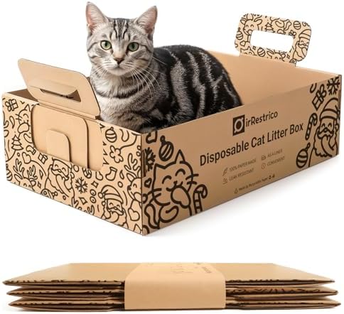 3-Pack Disposable Cat Litter Box, Waterproof & Leak-Resistant Cardboard, Foldable for Travel and Temporary Use, Eco-Friendly with Cute Cartoon Design, Gift for Cat Lovers