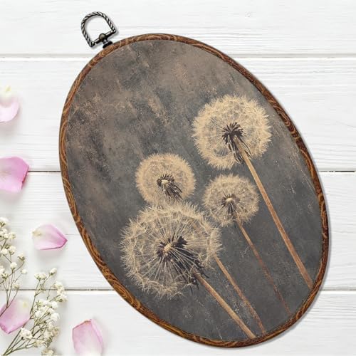 Vintage Dandelion Oval Framed Wall Art, Rustic Wildflower Canvas Art Wall Decor，Dark Academia Antique Landscape Hanging Decor Painting Artwork for Home Bathroom Bedroom Living Room Office 8.3x12inch