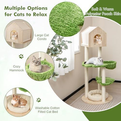 Tangkula Cat Tree Tower, Multi-Level Modern Wood Cat Tower with Sisal Scratching Posts, Jumping Platforms, Perch, Hammock, Cute Cat Condo, Tall Cat Tree for Indoor Cats Large Adult (55 Inch)