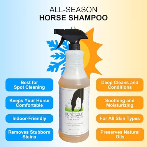 Pure Sole Horse Shampoo Soothe & Shine Shampoo - Deep Cleaning Moisturizing Shampoo for Body, Mane and Tail - Hydrates Skin and Conditions Coat | Convenient Sprayer for Spot Cleaning - 32 oz.