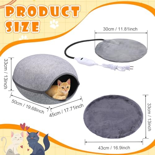 Beeveer Heated Cat Bed, Indoor Heated Cat Cave, Warmer Thermal Pet Bed with Removable Waterproof Heater for Kitty Small Dogs Gray(19.7X 17.8 x 13 Inches)