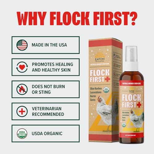 Eaton Pet and Pasture Flock First USDA Organic Chicken Wound Spray – Natural Poultry First Aid for Bumblefoot, Pecking Wounds, Cuts, Frostbite & Scaly Leg Mites, Vet Recommended, 8 oz