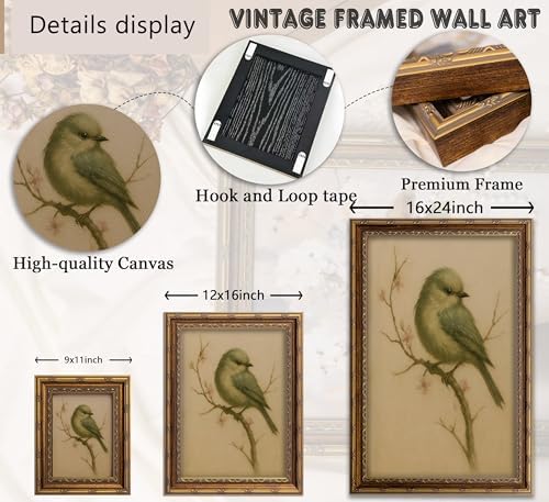 Vintage Gold Framed Bird Wall Art, Watercolor Spring Cherry Blossom Canvas Print, Antique Neutral Floral Wall Decor, Retro Cottagecore Picture Poster Artwork for Nursery Bedroom Living Room