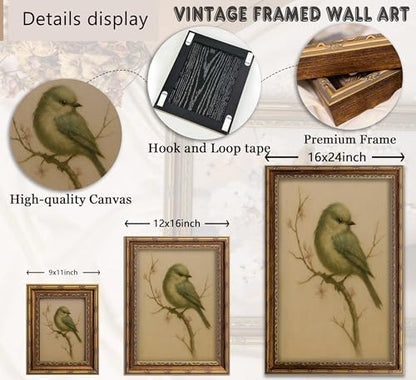 Vintage Gold Framed Bird Wall Art, Watercolor Spring Cherry Blossom Canvas Print, Antique Neutral Floral Wall Decor, Retro Cottagecore Picture Poster Artwork for Nursery Bedroom Living Room