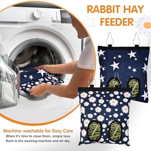 Upgraded Rabbits Hay Feeder Bag for Bunny, Guinea Pigs, Chinchillas - Hanging Washable 2-Hole Hay Dispenser with 600D Oxford Fabric, Small Animal Cage Accessories (Blue Daisy)