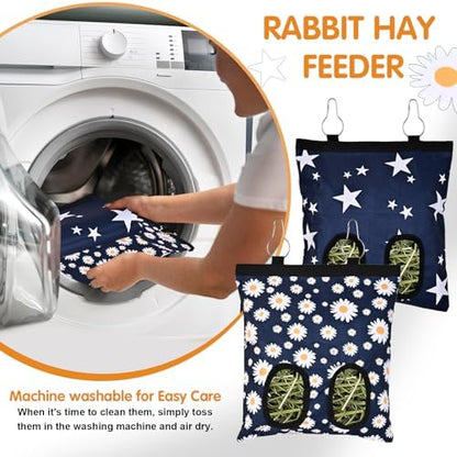 Upgraded Rabbits Hay Feeder Bag for Bunny, Guinea Pigs, Chinchillas - Hanging Washable 2-Hole Hay Dispenser with 600D Oxford Fabric, Small Animal Cage Accessories (Blue Daisy)