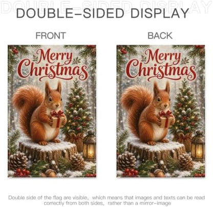 Christmas Squirrel Garden Flag 12x18 Inch Merry Holiday Gift Tree Lantern Pinecone Holly Snowy Woodland Rustic Outdoor Yard Lawn Porch Double Sided Banner Farmhouse Welcome Decor