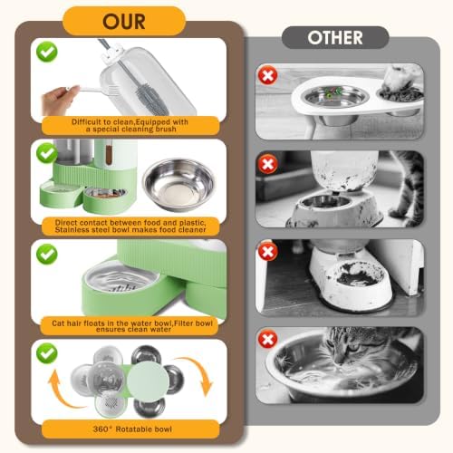 2 in 1 Automatic Gravity Cat Dog Feeder and Water Dispenser with 304 Stainless Steel Bowls, 360 Degree Rotatable Auto Food with 2 Specialized Brushes for Small Medium Pet Dog Puppy Kitten (Green)
