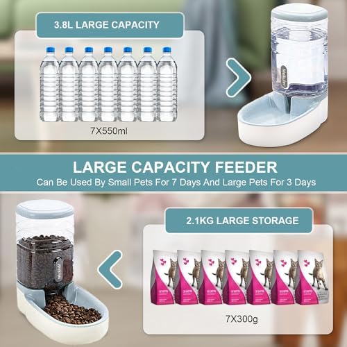Meikuler Automatic Dog Cat Feeder and Water Dispenser Set,Waterer and Gravity Food Feeder for Small & Medium Dogs Cats Puppies,Large Capacity 1 Gallon x 2 (Grey)