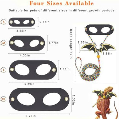 4 Pack Bearded Dragon Harness and Leash Set – Adjustable Soft Leather & Nylon Vest with 6.89–62 Inch Lead, Escape-Proof Lizard Walking Harness for Reptiles, Squirrels & Small Pets (Black Wing)