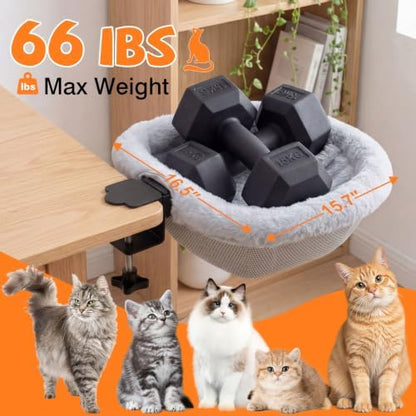 Cat Desk Bed - One-Click Folding Space-Saving Design, Desk Cat Bed with Soft Faux Rabbit Fur Cover & Breathable Mesh Fabric, Cat Hammock Supports up to 66 lbs, Remote Workers Home Gaming