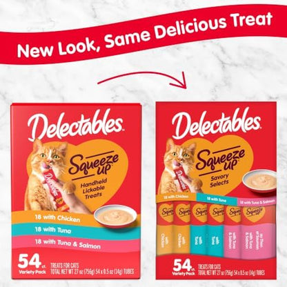 Delectables Squeeze Up Variety Pack, Creamy Squeezable Puree, Lickable Wet Cat Treats, Grain Free, No Fillers, by-Products, Preservatives, 0.5 Ounces Tube, 54 Tubes Total