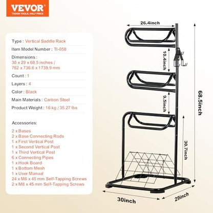 VEVOR Freestanding Saddle Stand, 30 x 30 x 68.5 in, 3 Tiers Saddle Rack, Heavy Duty Saddle Blanket Holder with Removable & Rotating Tiers, English & Western Saddle Rack for Tack Room Organization