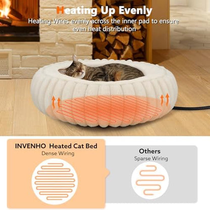 INVENHO Heated Cat Beds for Indoor Cats and Small Dogs, 24" Cozy Donut Heated Pet Bed with Timer & Temp Adjustable, Removable Waterproof Electric Warming Bed for Indoor Cat