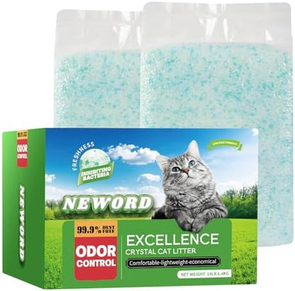 NEWORD Non-Clumping Crystals Cat Litter, Superior Odor Control Silica Gel Litter, Low Tracking & Dust-Free, Soft-On-Paws, Aloe Vera Fragrance, 14 lbs (2 Packs of 7lb Bags)