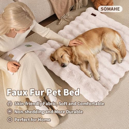 SOMAHE Plush Dog Bed Mat, Raised Pillow, 35 x 27 Inch, White