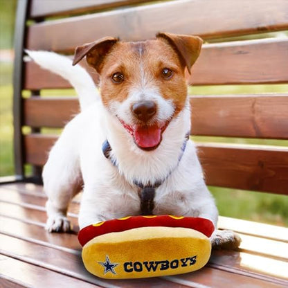 Pets First NFL Dallas Cowboys HOT Dog Plush Dog & CAT Squeak Toy - Cutest HOT-Dog Snack Plush Toy for Dogs & Cats with Inner Squeaker & Beautiful Football Team Name/Logo, 8 x 5 x 3 Inches