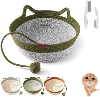 Instinct Basket for Cats, Handwoven Cotton Rope Cat Basket Bed with Toy Ball and Cat Ear Handles, Scratchable Breathable Round Woven Cat Basket for Indoor Cats (Large,Army Green Basic)