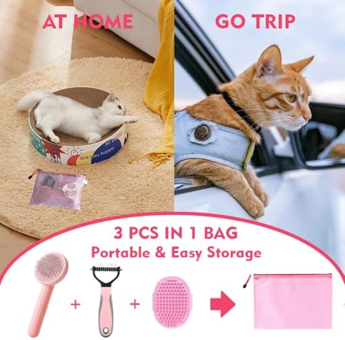 Cat Brush for Shedding 5pcs - Long Haired Cats Brush, Indoor Cats Brush, Small Dogs Brush, Matted Fur Hair Brush with Flea Comb Set, Pink