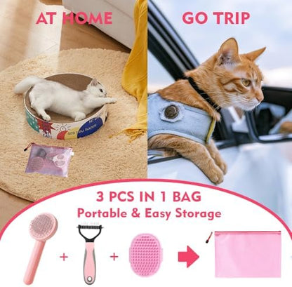 Cat Brush for Shedding 5pcs - Long Haired Cats Brush, Indoor Cats Brush, Small Dogs Brush, Matted Fur Hair Brush with Flea Comb Set, Pink