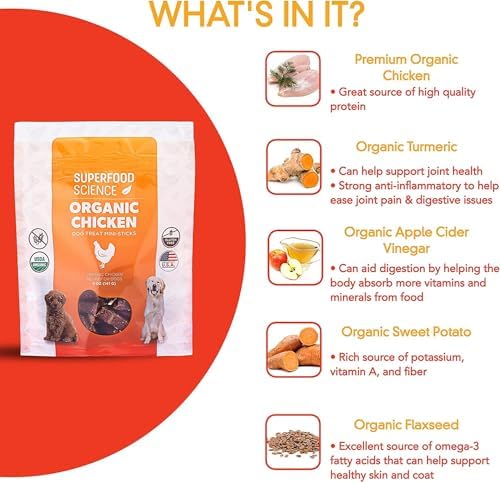 Organic Chicken Dog Treats, Low-Calorie Training Treats, Grain-Free, Semi-Soft Natural Jerky with Sweet Potato, Turmeric & Flaxseed, Healthy Dog Snacks for Puppies & Small, Medium & Large Dogs, 5 oz