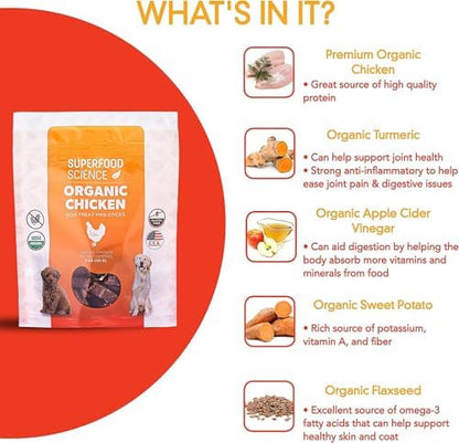 Organic Chicken Dog Treats, Low-Calorie Training Treats, Grain-Free, Semi-Soft Natural Jerky with Sweet Potato, Turmeric & Flaxseed, Healthy Dog Snacks for Puppies & Small, Medium & Large Dogs, 5 oz