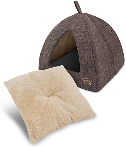 Best Pet Supplies Cat Bed for Indoor Cat, Domed Tent House with Removable Pillow, Covered Cat Cave for Small Dog, Puppies and All Breeds of Cats - Brown Linen, 19 x 19 x H:19"