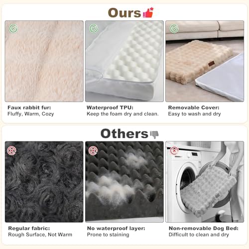 Orthopedic Dog Beds for Big Dogs, Fluffy Faux Rabbit Fur Pet Bed with Removable Washable Cover, Dog Bed Mat with Egg Crate Foam & Waterproof Lining, Anti Slip Bottom, Light Khaki,52"x36"x4"