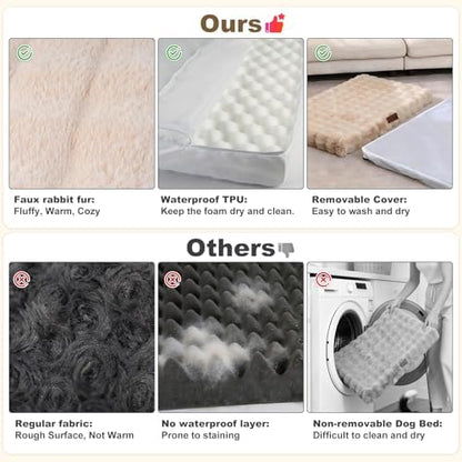 Orthopedic Dog Beds for Big Dogs, Fluffy Faux Rabbit Fur Pet Bed with Removable Washable Cover, Dog Bed Mat with Egg Crate Foam & Waterproof Lining, Anti Slip Bottom, Light Khaki,52"x36"x4"
