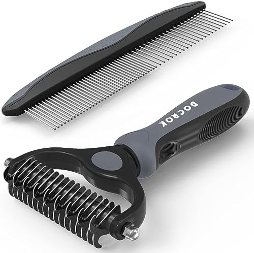 Docrok Pet Grooming Brush and Metal Comb Combo for Dogs & Cats, Gray