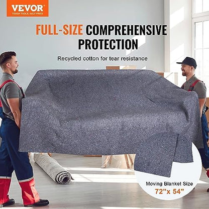 VEVOR Moving Blankets, 72" x 54", 21 lbs/dz Weight, 12 Packs, Professional Recycled Cotton Packing Blanket, Large Heavy Duty Shipping Mover Pads Perfect for Protecting Furniture, Floors, Appliances