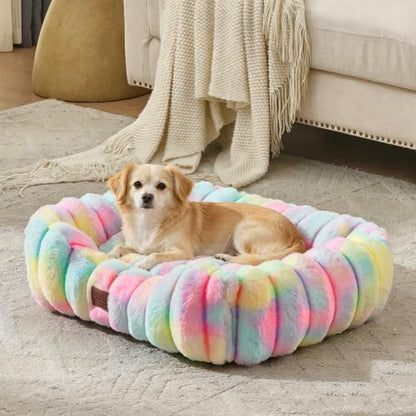 Luxury Dog Beds,Large Sized Dog Washable Furry Pet Beds,Comfort Rectangle Pet Sofa Couch with Ultra,Puppy Beds with Removable Zipper Cover,40x30x7.5inches,Rainbow