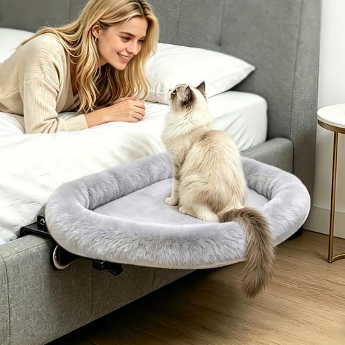 IPOW Heavy Duty Steel Frame 180°Rotating Cat Bedside Bed Semi-Circular Cat Bed for Bedside, Soft Faux Rabbit Fur Material, Suitable for Various Desktops-Maximum Hold Up to 40lb