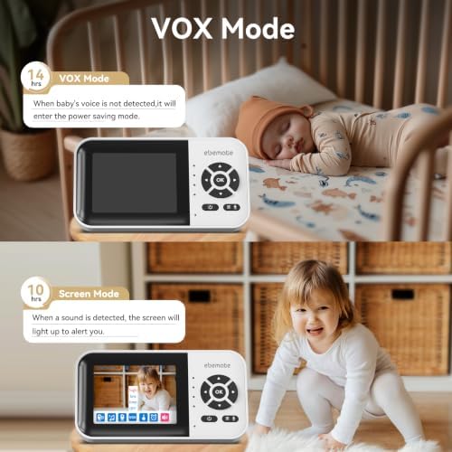 ebemate AI Baby Monitor with 1500ft Range, 2.8" Screen, Watch Viewing, Secure FHSS, Local SD & Cloud Storage, AI Cry Detection, Two-Way Talk, Private Infant Safety Camera EBES28-blk