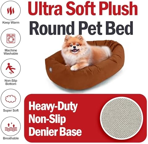 Majestic Pet 24 Inch Suede Calming Dog Bed Washable – Cozy Soft Round Dog Bed with Spine Support for Dogs to Rest Their Head - Fluffy Donut Dog Bed 24x19x7 (Inch) - Round Pet Bed Small – Rust (2025)