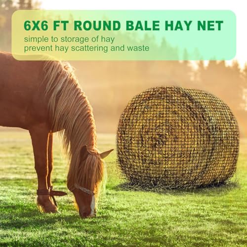 TONGMO 6x6 ft Round Bale Hay Net for Horses & Livestock - Slow Feeder Hay Nets with 2 inches Hole