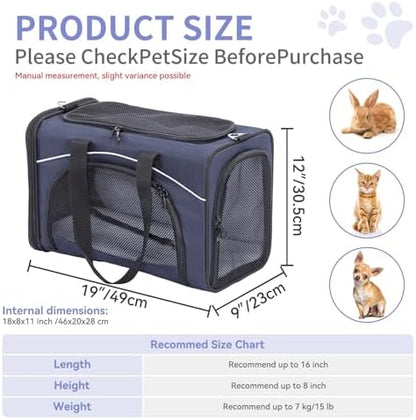 Petsfit Airline Approved Pet Carrier for Small Dogs & Cats, 19x9x12 TSA Approved Carrier, with Removable Dual-Sided Padding (2-Way Placement) - Fits Under Most Airplane Seats, Escape Proof (Navy)