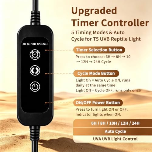 T5 10.0 UVB Reptile Light Fixture Combo Kit with Upgraded Timer Controller, 5 Timing 6H/8H/10H/12H/24H Auto Cycle, 8W High Output UVA UVB Light for Desert Bearded Dragon, Lizard, Turtle (12.5Inch)