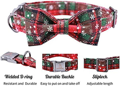 Lionheart glory Christmas Plaid Dog Collar Adjustable Soft Dog Collar with Bowtie, Pet Gift Dog Collars Bow for Small Medium Large Dogs