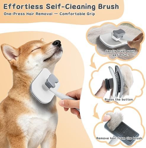 3-Piece Dogs & Cats brush for shedding - Self Cleaning Slicker Brush, Dematting Comb & Nail Clipper - Professional 3-in-1 Grooming Set for Shedding, Mats & Tangles - Easy At-Home Pet Care Tools