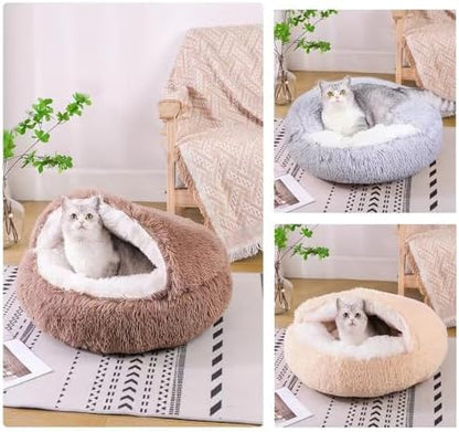 Round Fluffy Hooded Cat Bed Cave, Anti-Anxiety Cave Bed with Blanket